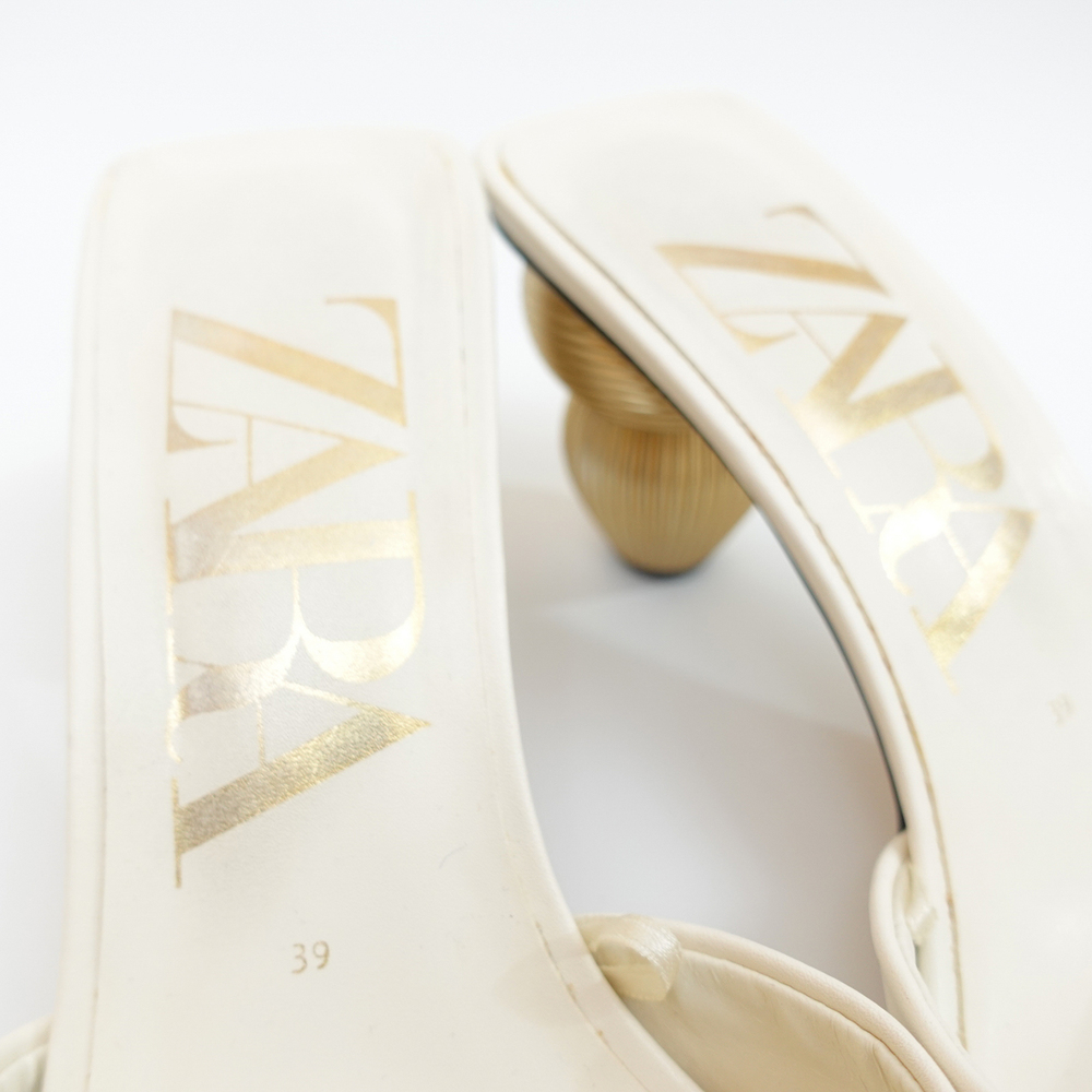 Zara White Slide Sandals with Gold Sculptural Ribbed Block Heel - EU 39/US 8 - Picture 12 of 12